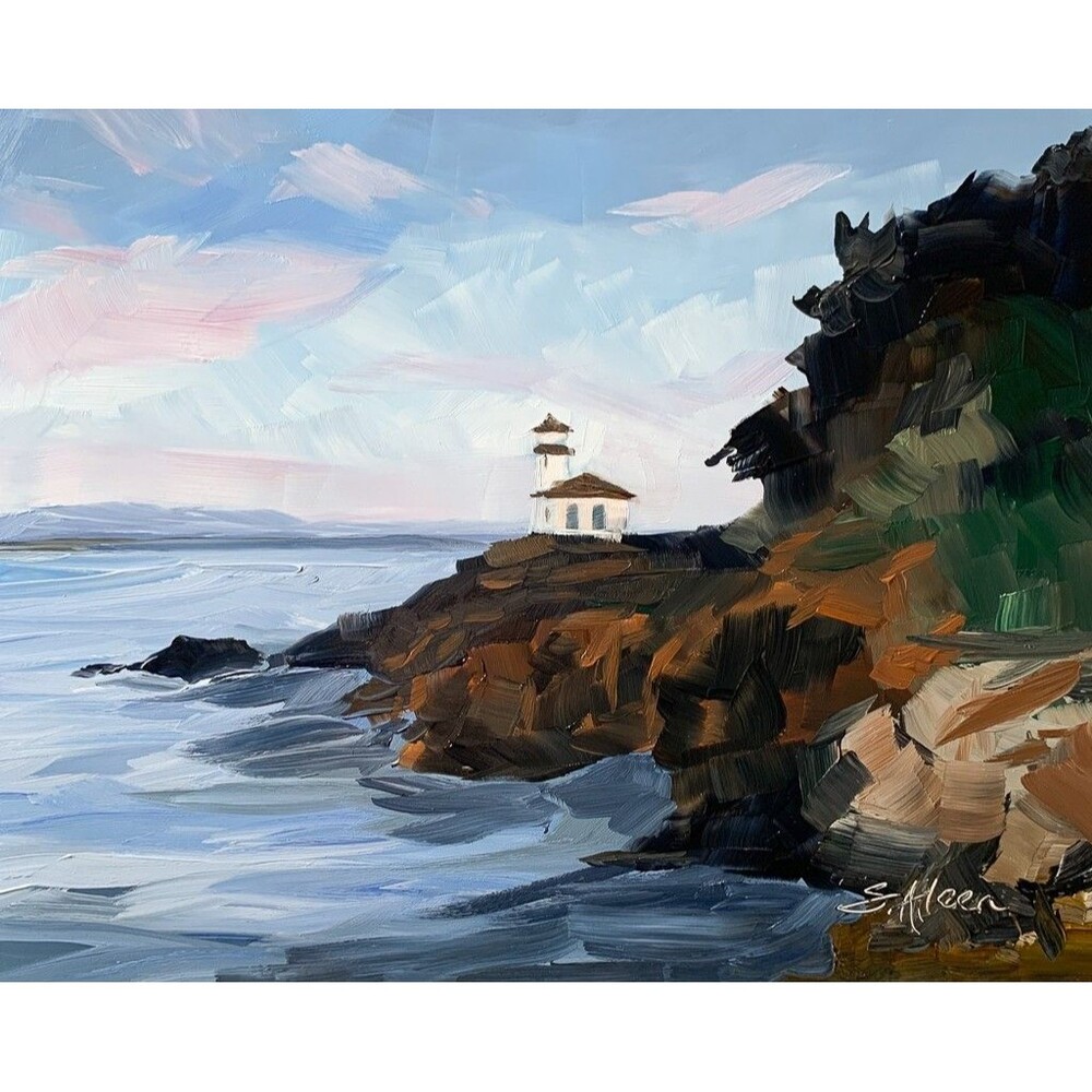 8x10 PNW Original Oil Painting Lighthouse Lime Kiln Washington Coast Signed
